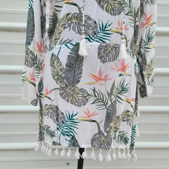 Blue Island Floral Leaf Bird of Paradise Peasant Dress Swim Coverup Womens Small - Picture 8 of 10